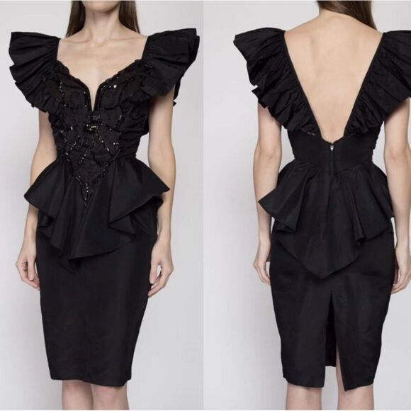 Vintage 80s Climax David Howard Karen Okada Black Sequin Prom Formal Dress Gown. - Picture 1 of 17